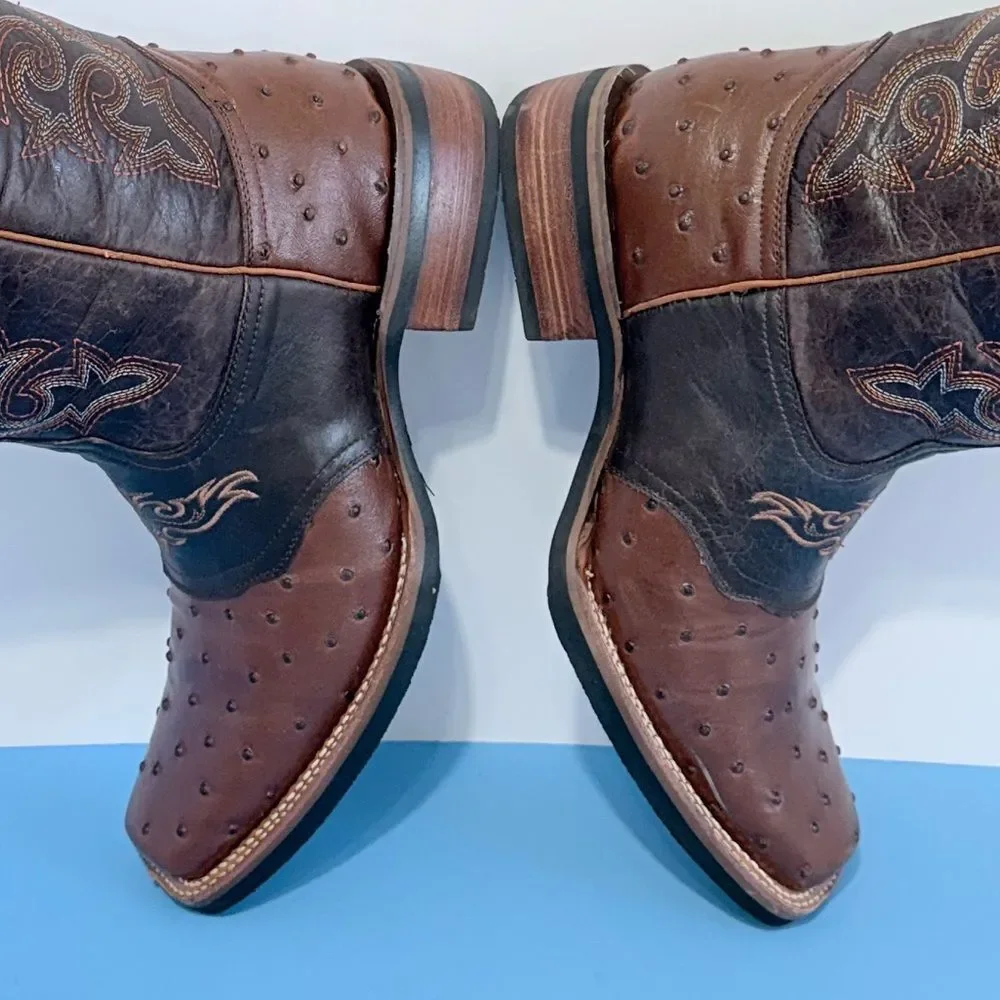 JNV Western Wear Men’s Leather Square Toe Ostrich Print Rodeo Boots Size 11